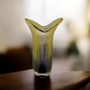 Teleflora Speckled Art Glass Vase Purple Green Flared Lip Hand Blown 8 Inch